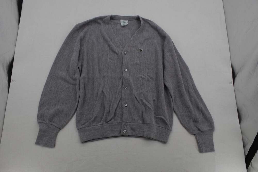 Vintage Izod Lacoste Made in USA Grey V-Neck Button-Up Cardigan Sweater